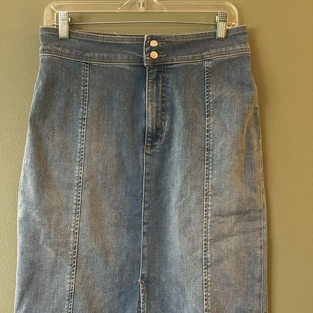 We the Free Maddie Denim Jean Straight Midi Skirt Blue Front Slit Boho Sz 10